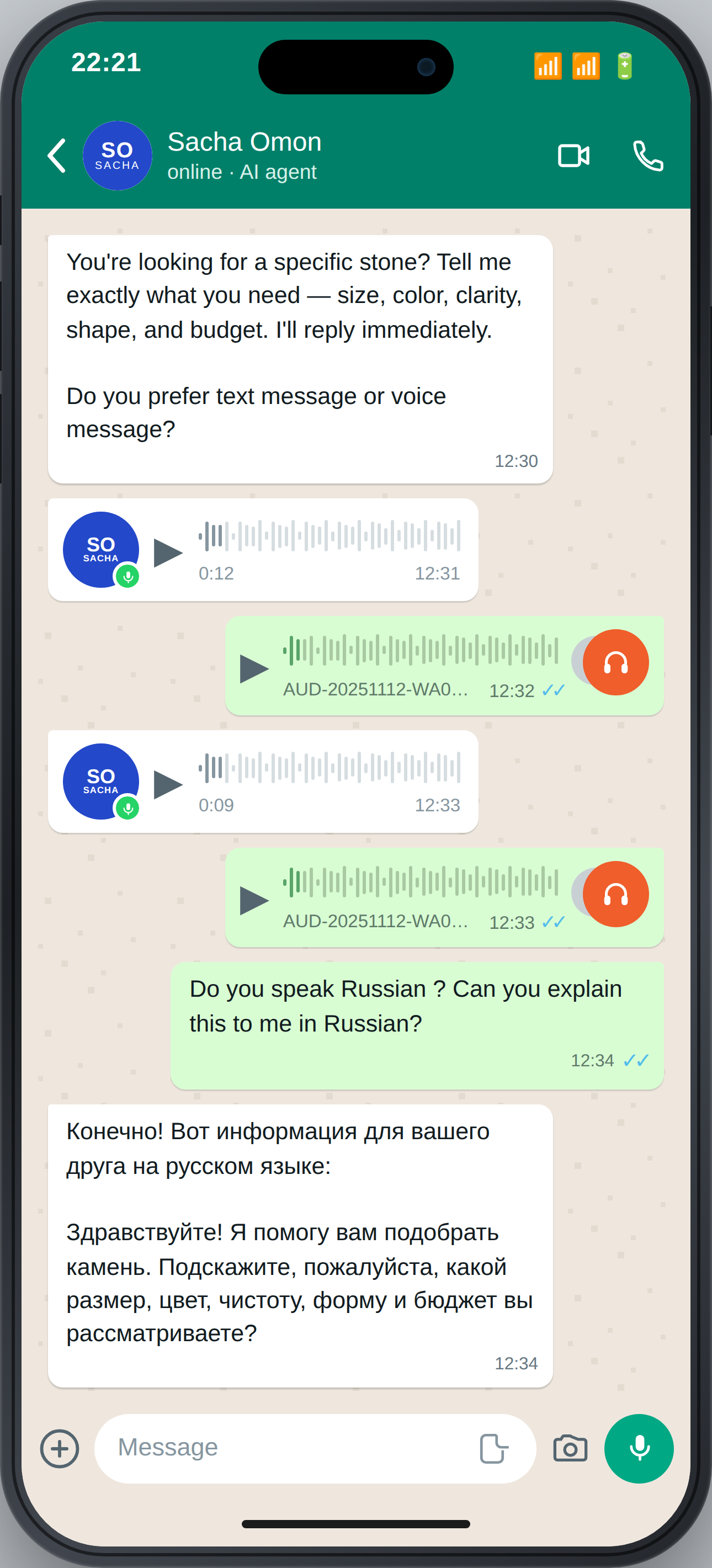Sacha AI Agent — conversation WhatsApp qualifiant un lead en temps réel
